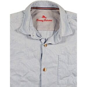 Tommy Bahama Mens Large Cotton Silk Palm Jacquard Camp Shirt Light Blue